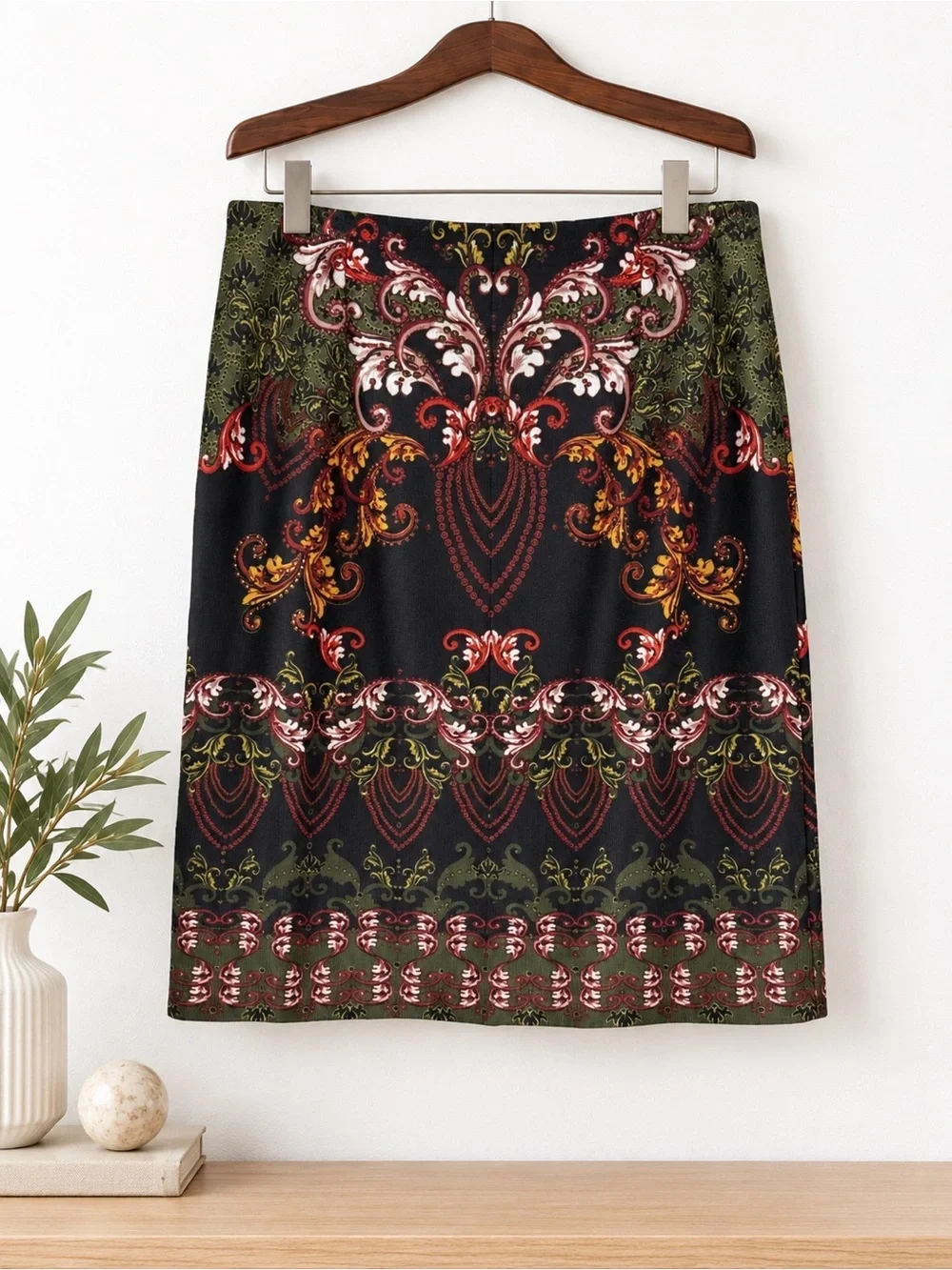 Baroque Tapestry Print Stretch Pencil Skirt Black Olive Burgundy XL